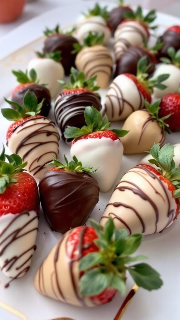 A plate of chocolate covered strawberries, some drizzled with white chocolate.