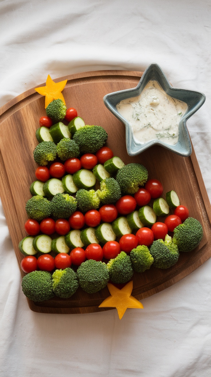 A colorful Christmas tree veggie platter made with broccoli, tomatoes, cucumbers, and bell peppers, topped with a star-shaped dip.