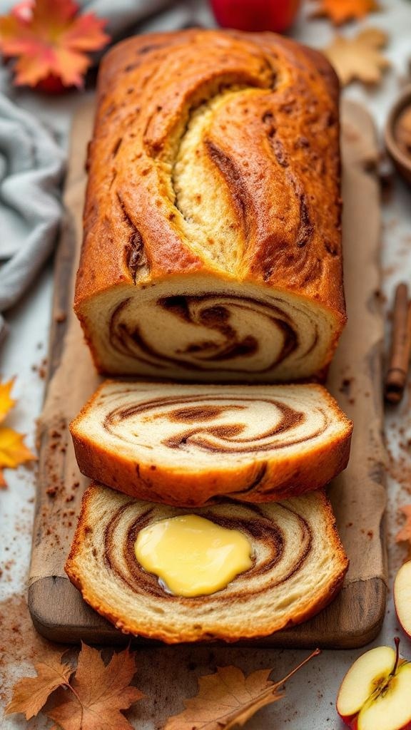 A loaf of cinnamon apple swirl bread sliced, showing the beautiful swirl and texture.