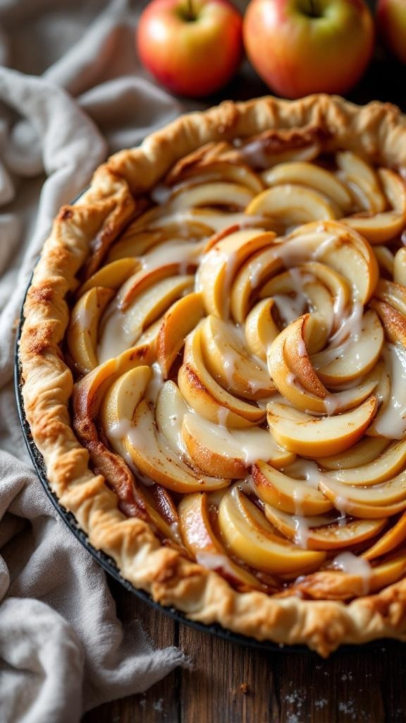 A delicious Cinnamon Roll Apple Pie with a golden crust and apple slices, drizzled with icing.
