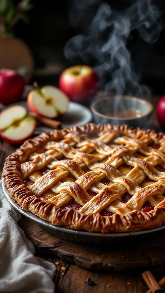 A classic apple pie with a lattice crust, surrounded by fresh apples and a steaming cup of cider.