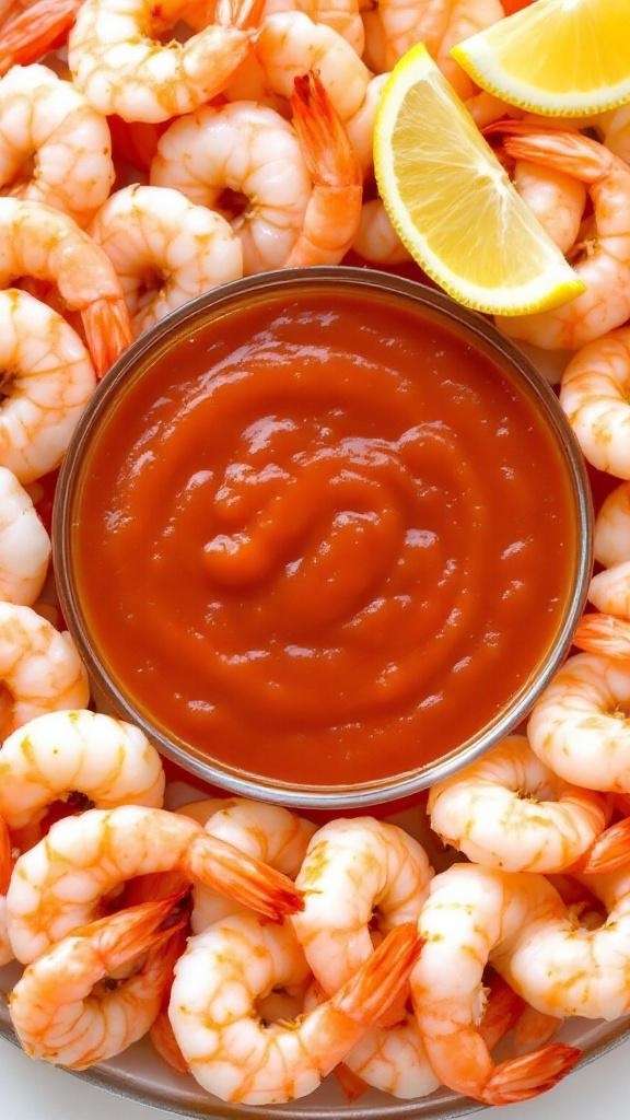 Cocktail shrimp arranged around a bowl of dipping sauce with lemon wedges