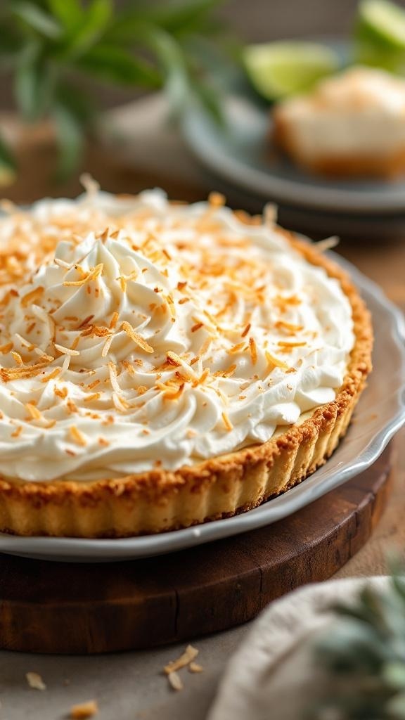 A delicious coconut cream pie topped with whipped cream and toasted coconut flakes.