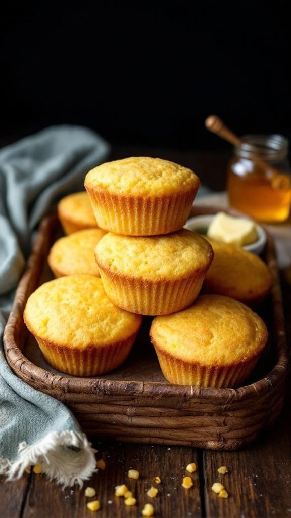 A tray of golden cornbread muffins with honey and butter