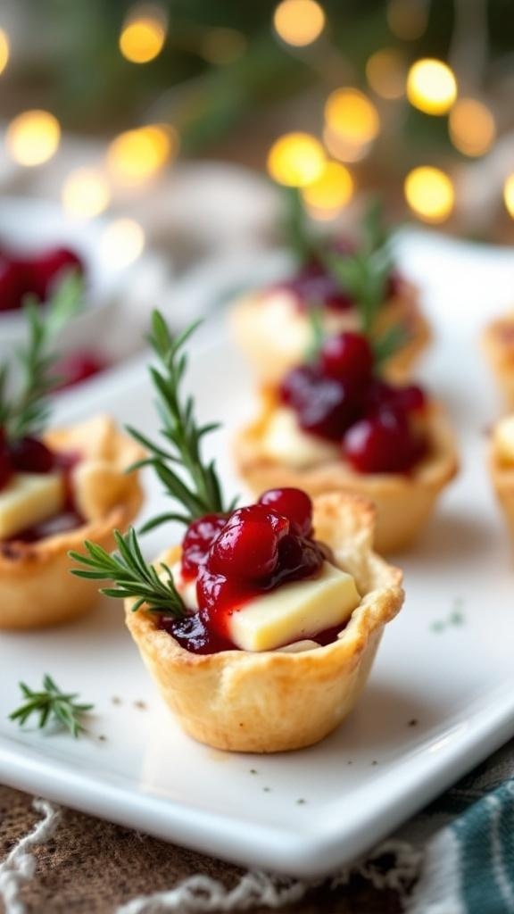 Cranberry Brie Bites in Puff Pastry on a plate with festive decorations