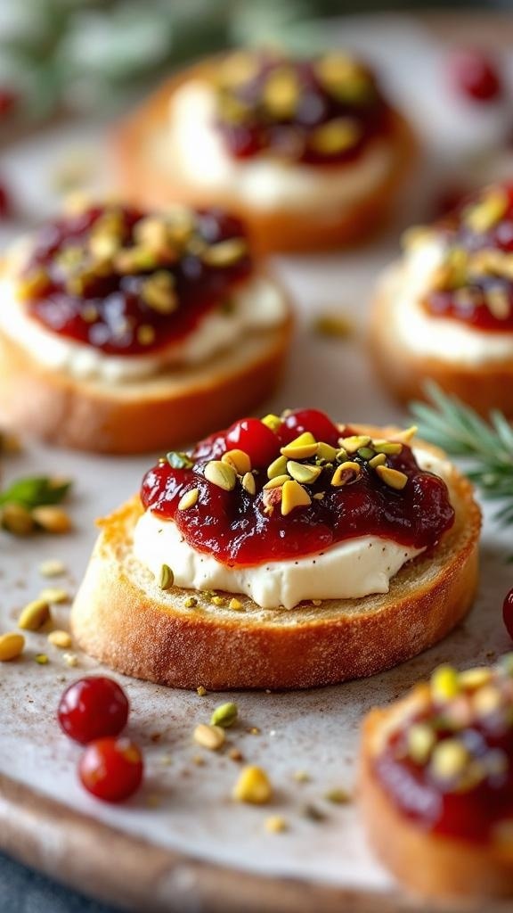 Cranberry Brie Crostini topped with cranberry sauce and pistachios on toasted bread