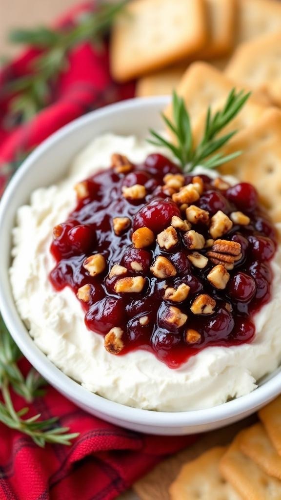 A bowl of cranberry cream cheese dip topped with cranberry sauce and pecans, served with crackers.