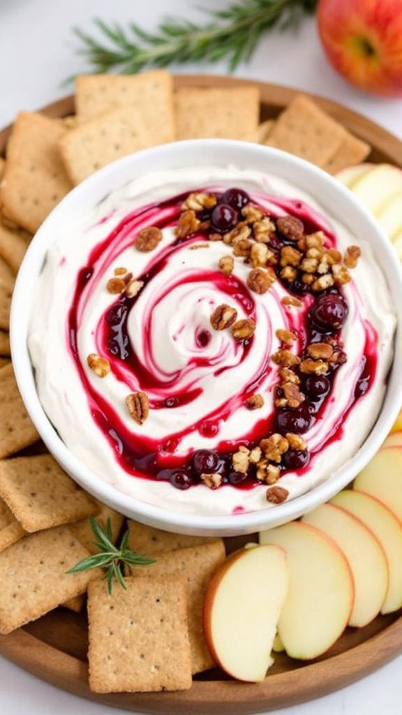 A bowl of cranberry cream cheese dip with pecans, surrounded by crackers and apple slices.