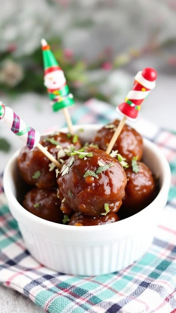 A bowl of cranberry meatballs garnished with parsley and candy cane skewers, surrounded by cranberries and cinnamon sticks.
