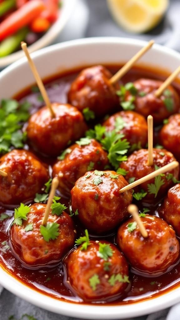 A bowl of cranberry meatballs garnished with cilantro, served with toothpicks.