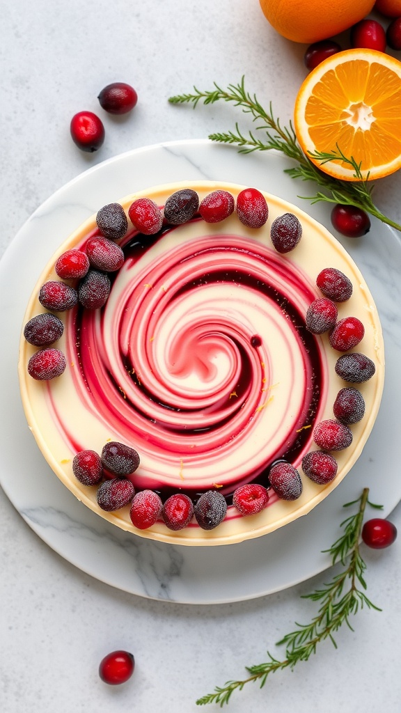 A beautifully swirled cranberry orange cheesecake topped with fresh cranberries and an orange slice.