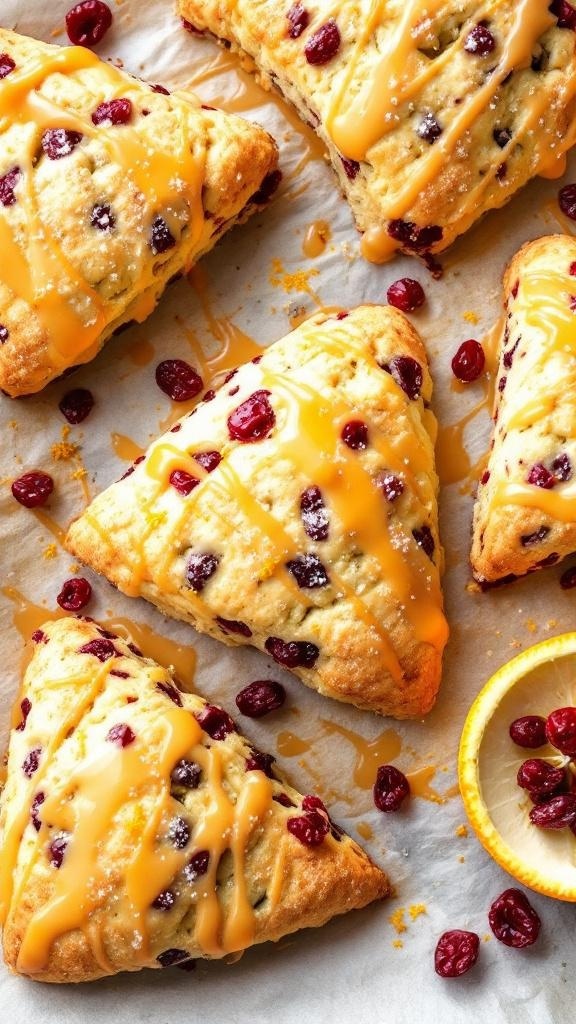Cranberry orange scones drizzled with orange glaze on parchment paper.