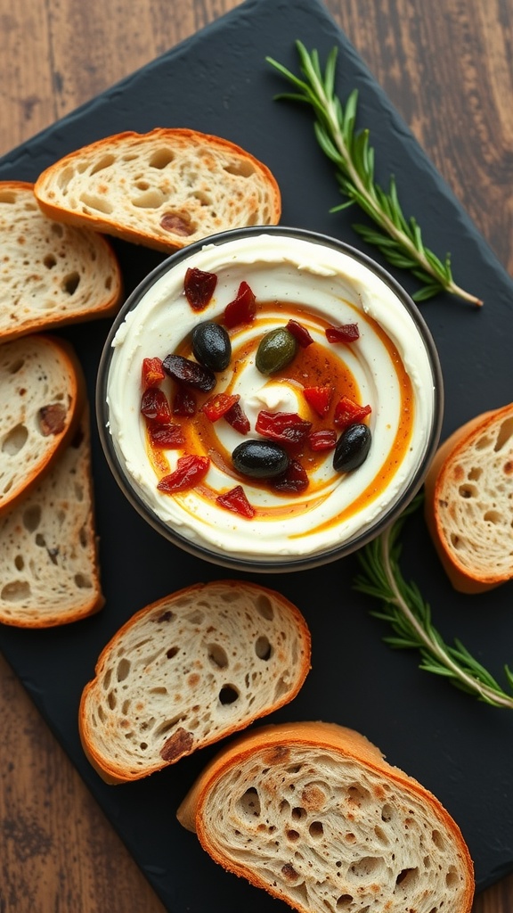 Cream cheese dip with olive tapenade served with toasted bread slices on a slate board.