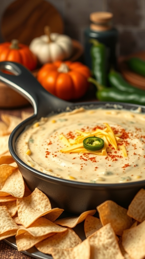 A creamy corn dip topped with cheese and jalapeños, served with tortilla chips.