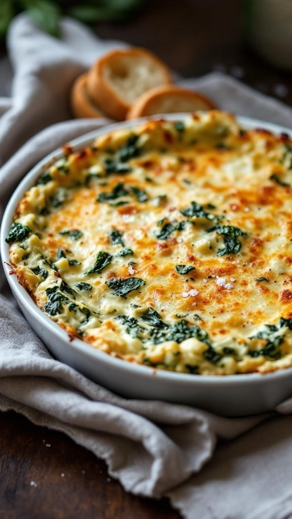 A creamy spinach and artichoke dip served in a white bowl with slices of bread on the side.