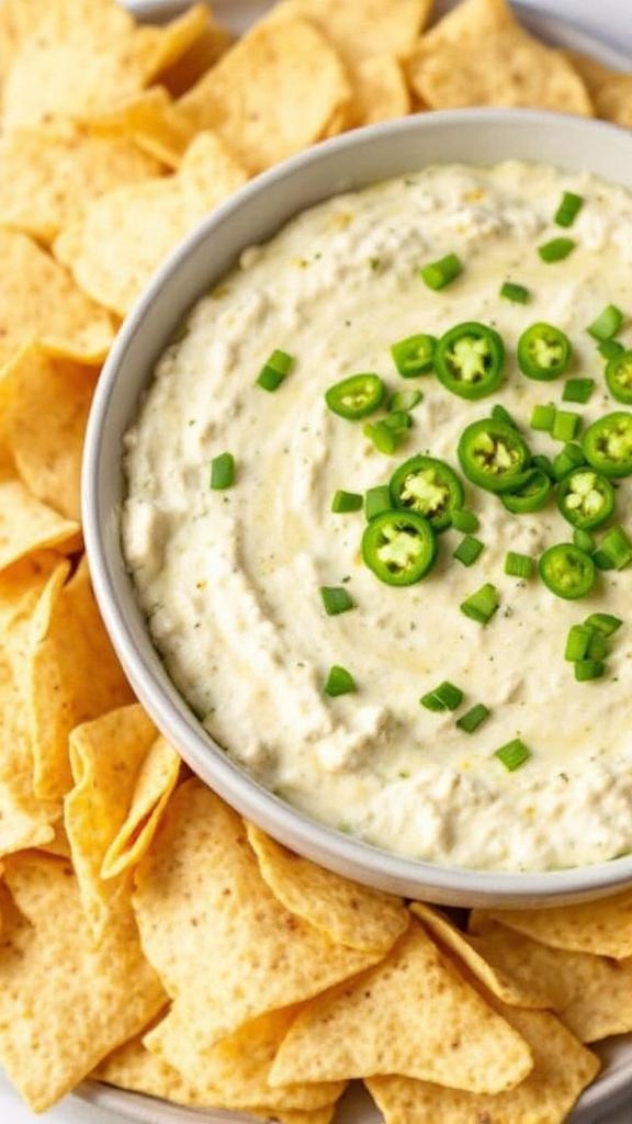 A bowl of creamy jalapeño dip surrounded by tortilla chips.