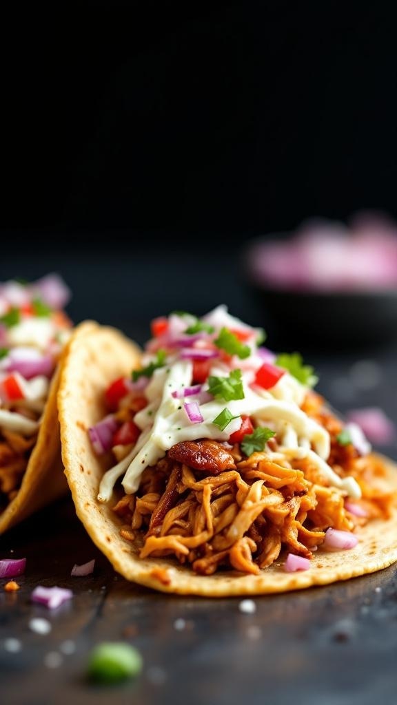 Crispy BBQ chicken tacos topped with fresh vegetables and sauce