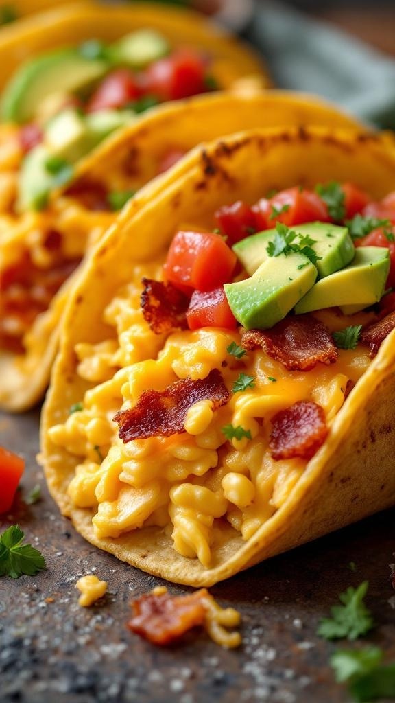 Crispy breakfast tacos filled with macaroni and cheese, bacon, avocado, and tomatoes.