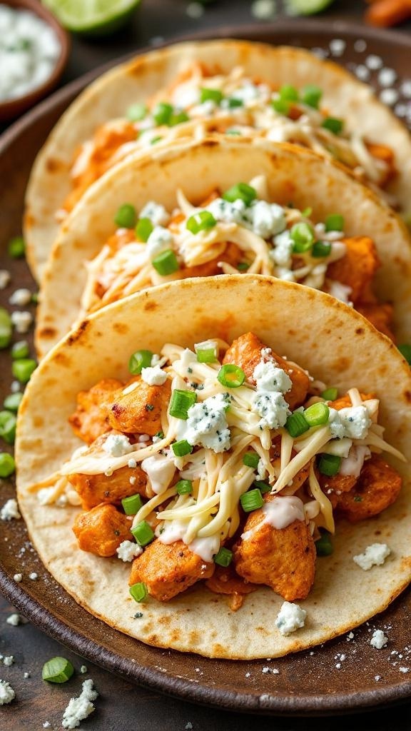 Three crispy buffalo chicken tacos topped with cheese, green onions, and ranch dressing.