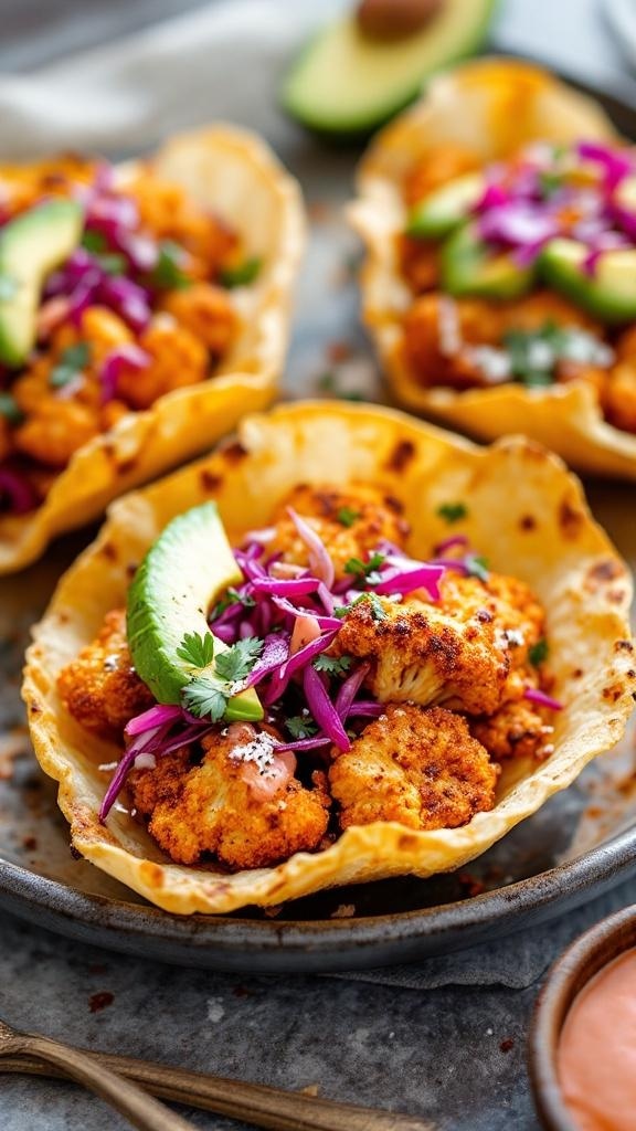 Crispy cauliflower tacos topped with avocado and cabbage in a taco shell.
