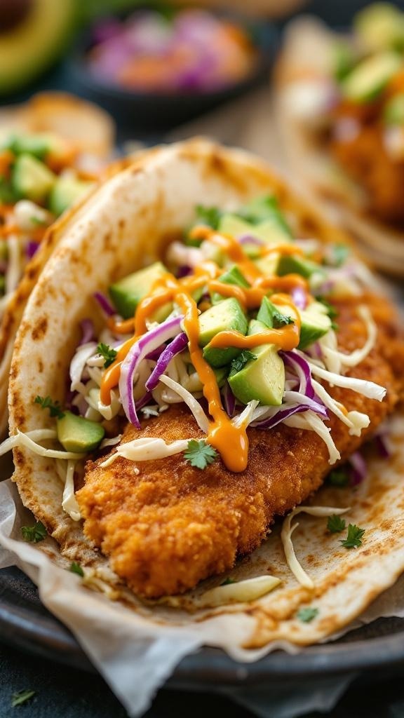 Crispy fish tacos with slaw and toppings