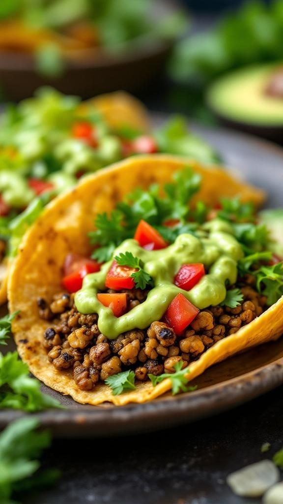 Crispy lentil tacos topped with avocado, tomatoes, and cilantro