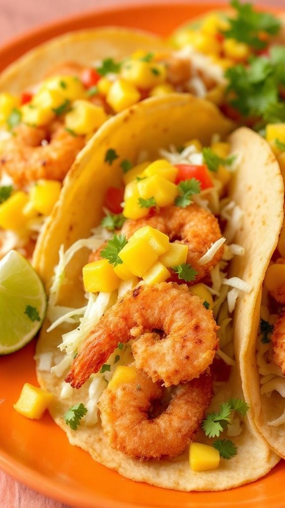 Three crispy shrimp tacos topped with mango and cilantro on an orange plate.