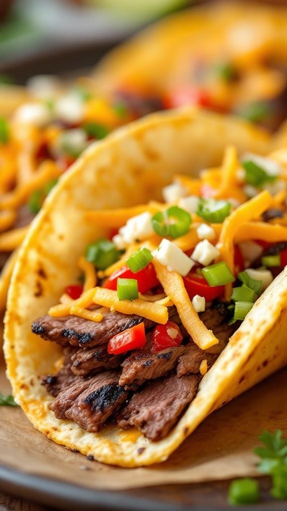 Crispy steak and cheese taco filled with grilled steak, cheese, and fresh toppings.