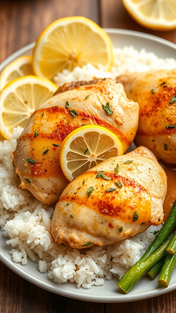 A plate of Crockpot Lemon Garlic Chicken served with rice and garnished with lemon slices.