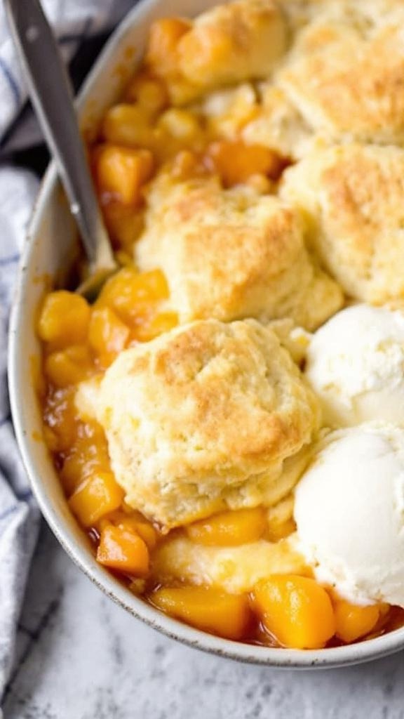 A delicious crockpot peach cobbler with a golden topping and a scoop of ice cream.