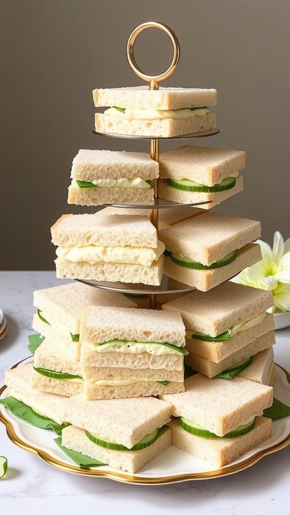 A tiered stand filled with cucumber tea sandwiches, showcasing layers of soft bread and fresh cucumber slices.