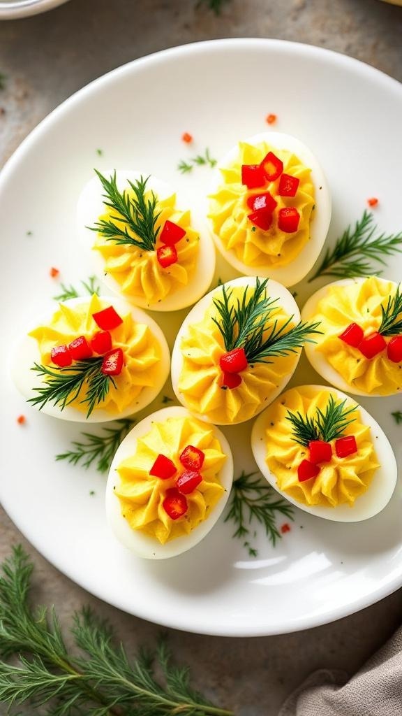 A plate of deviled eggs decorated with red bell pepper and dill.