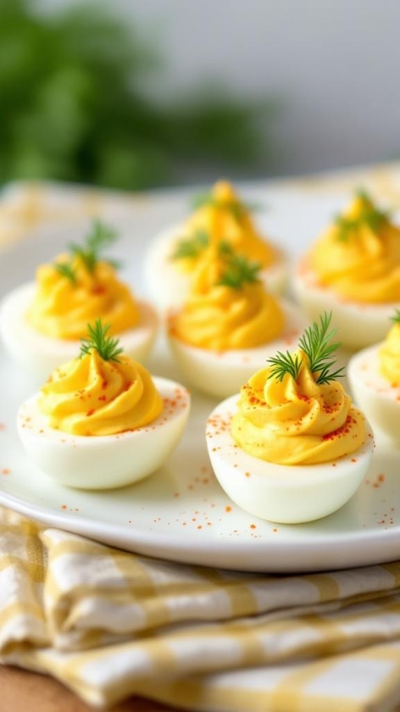 A plate of deviled eggs garnished with paprika and fresh herbs.