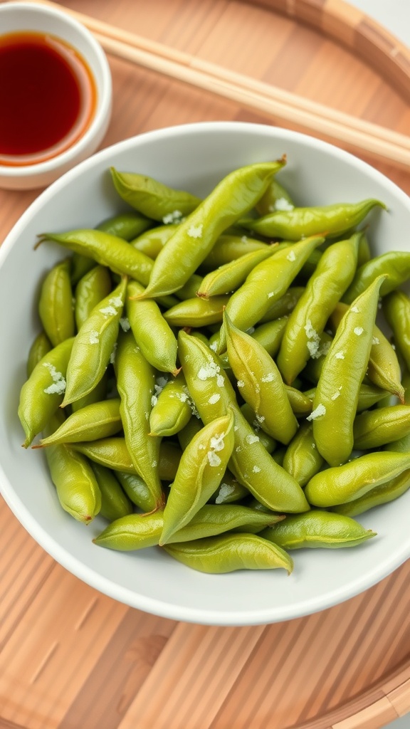 A bowl of steamed edamame sprinkled with sea salt, served with a small bowl of dipping sauce.