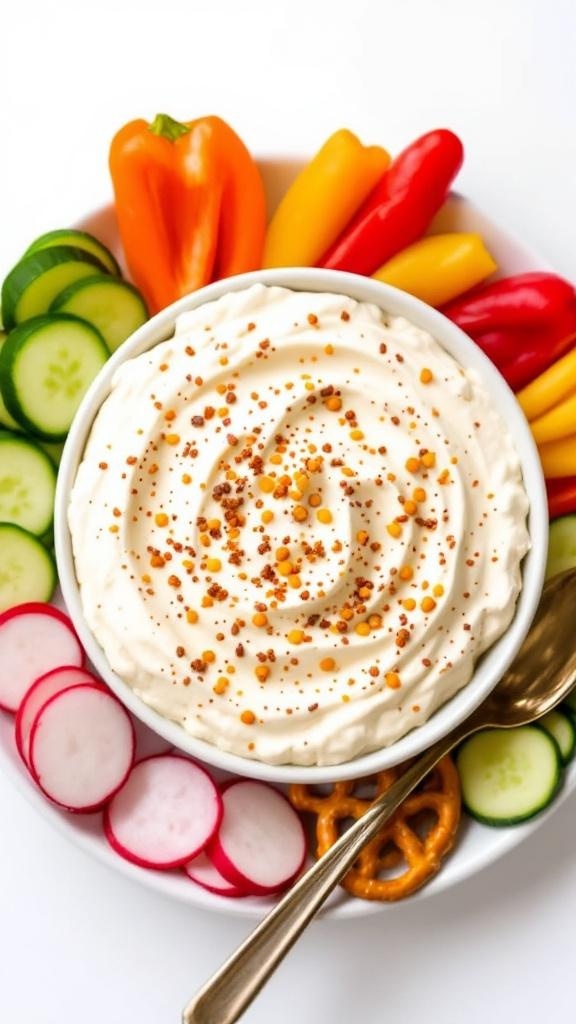 A bowl of Everything Bagel Cream Cheese Dip surrounded by fresh veggies and pretzels.