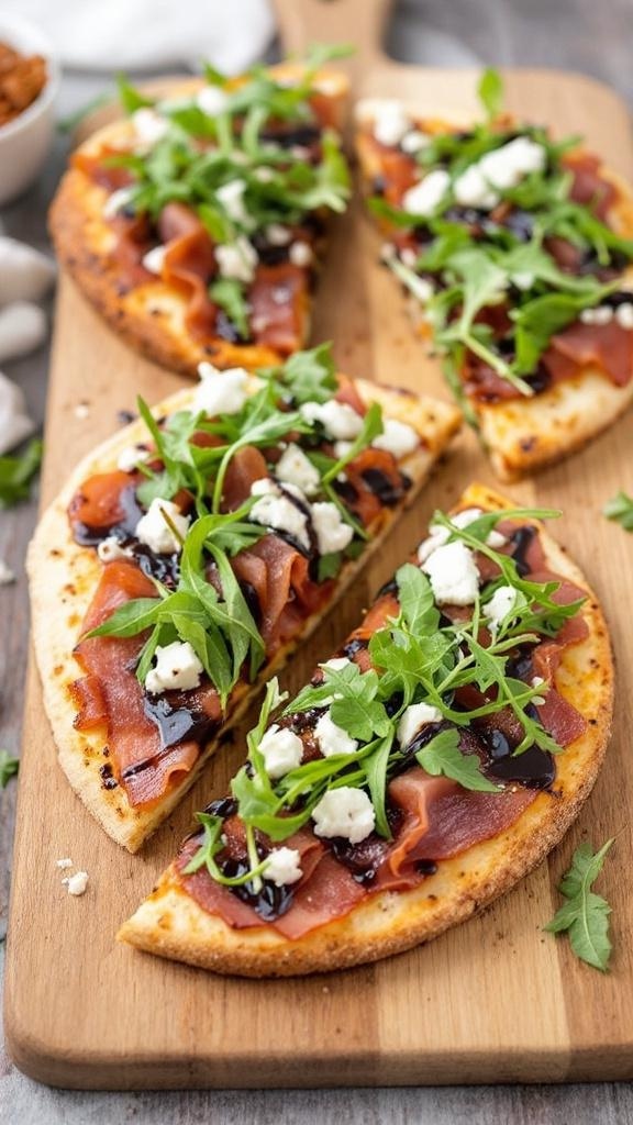 Flatbread pizza slices topped with smoked salmon, arugula, and feta cheese on a wooden board.