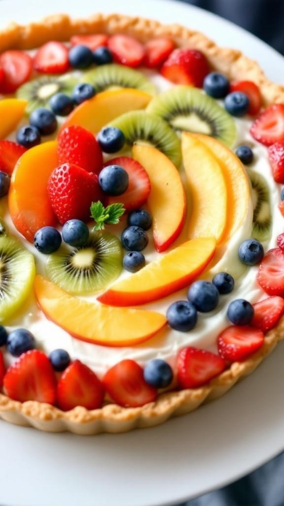 A colorful fresh fruit tart topped with strawberries, blueberries, kiwi, and peaches on a white plate.