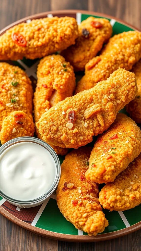 A plate of crispy Garlic Parmesan Chicken Tenders with a side of dipping sauce.