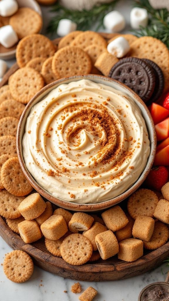 A creamy gingerbread cookie dip surrounded by various cookies and fruits for dipping.