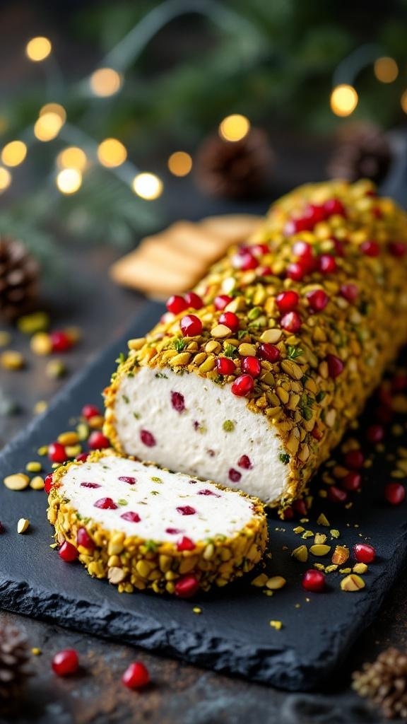 A festive goat cheese log coated with pistachios and topped with pomegranate seeds, served on a black slate platter.
