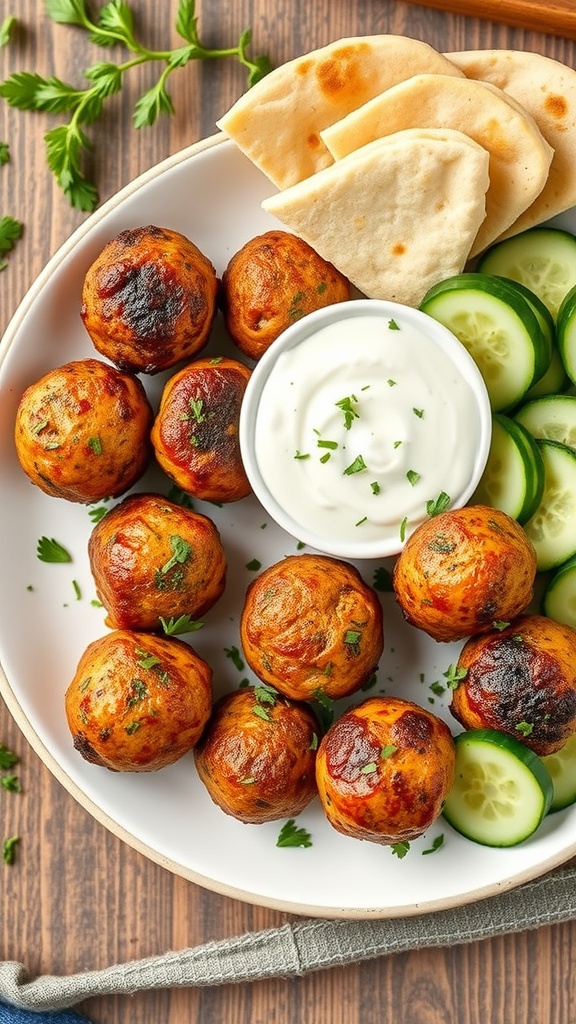 A plate of Greek chicken meatballs served with tzatziki sauce, cucumber slices, and pita bread.
