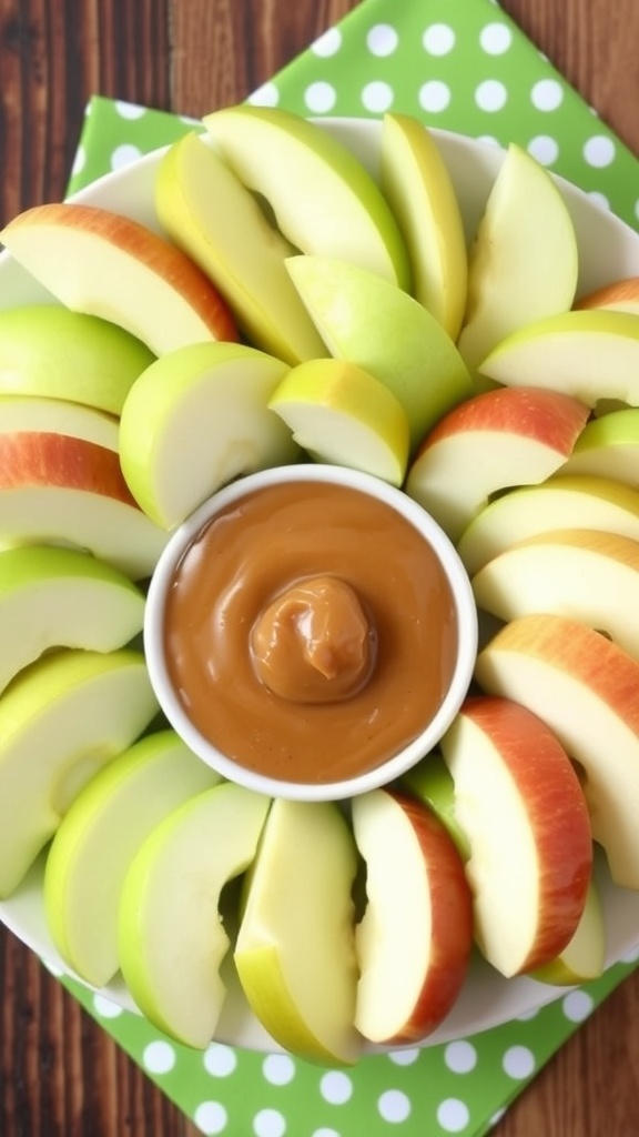 Green apple slices arranged around a bowl of caramel dip