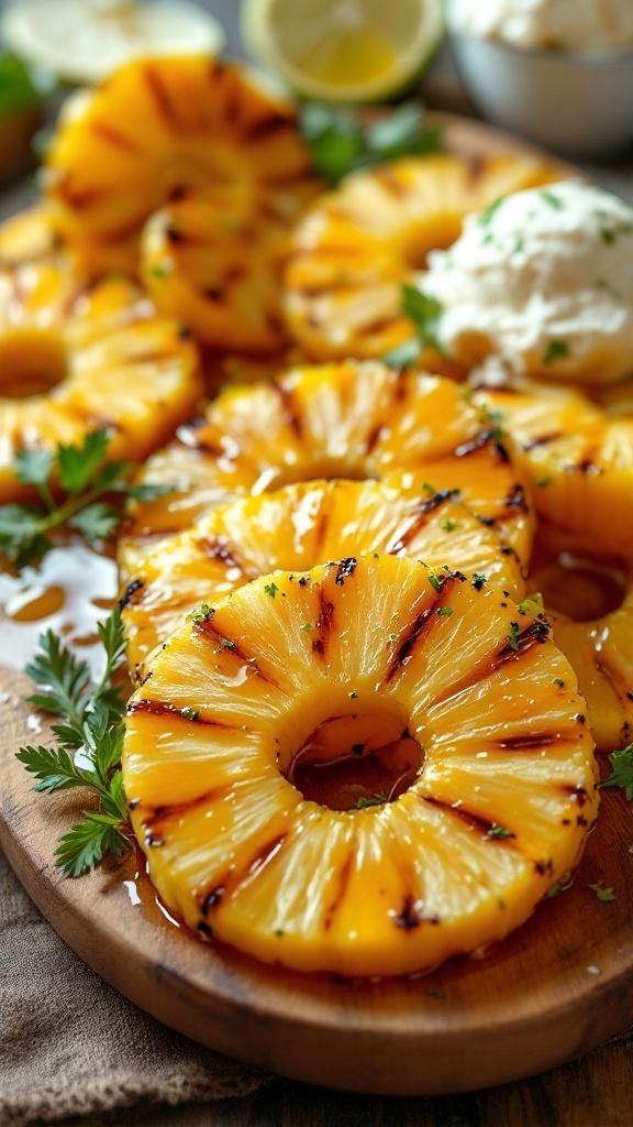 Grilled pineapple slices served on a wooden platter with whipped cream and lime slices