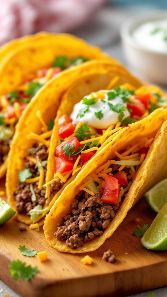 Crispy tacos filled with ground beef, topped with cheese, lettuce, and tomatoes.