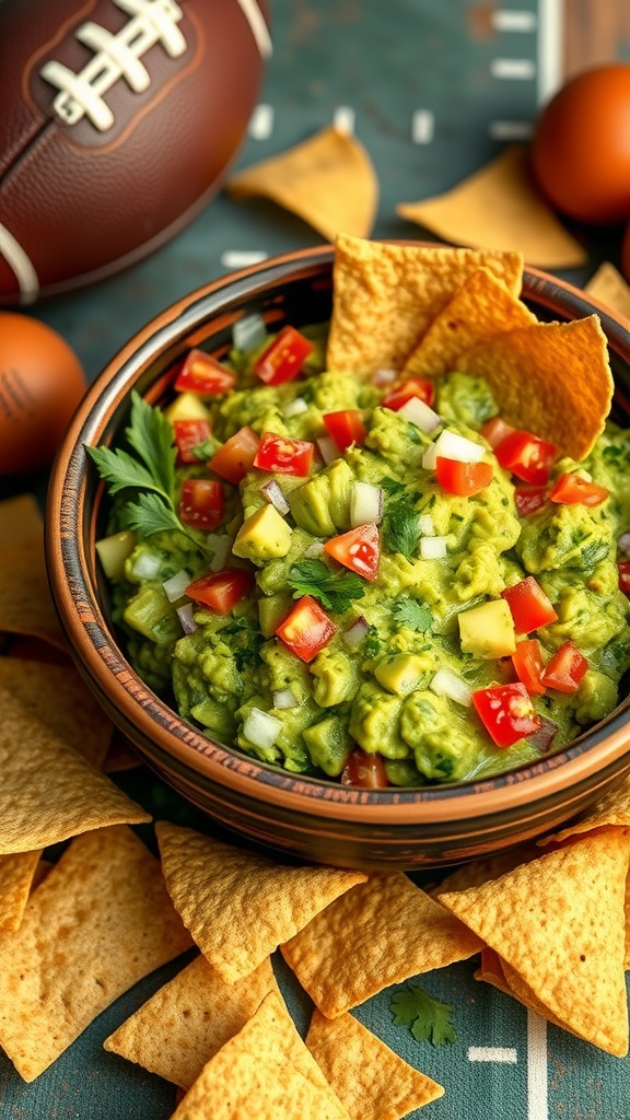 A bowl of fresh guacamole surrounded by tortilla chips, with footballs in the background.