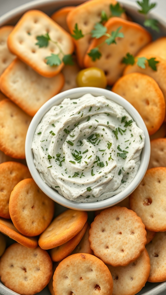 A bowl of herbed cheese spread surrounded by crackers and garnished with herbs.