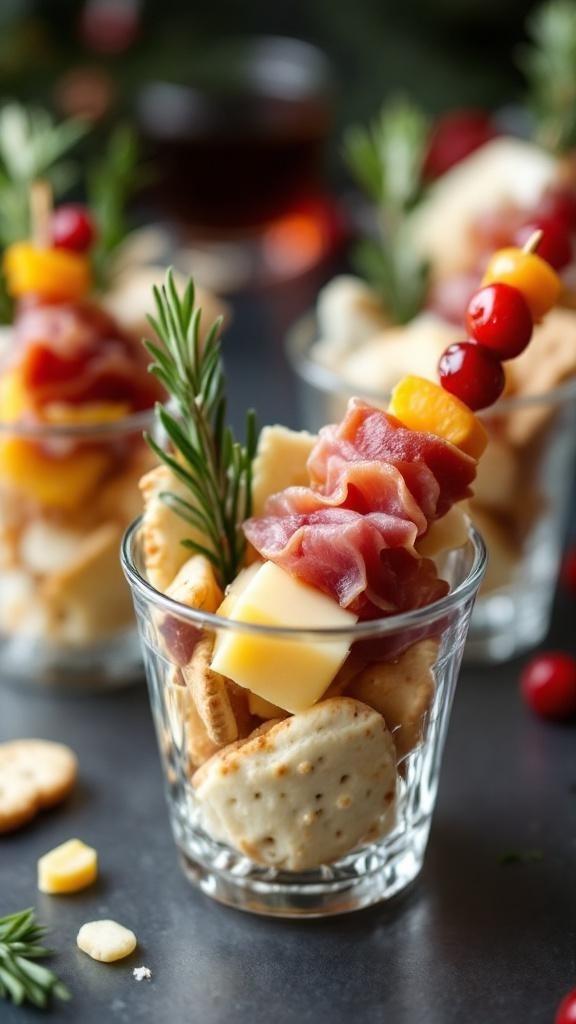 Holiday charcuterie cups with meats, cheese, crackers, and cranberries