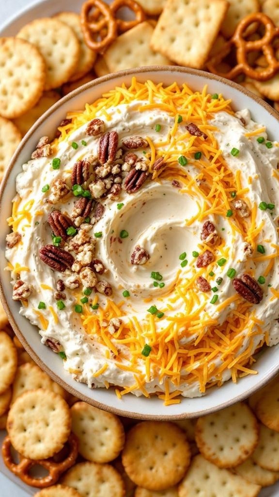 A festive cheese ball dip topped with cheddar cheese, pecans, and green onions, surrounded by crackers and pretzels.