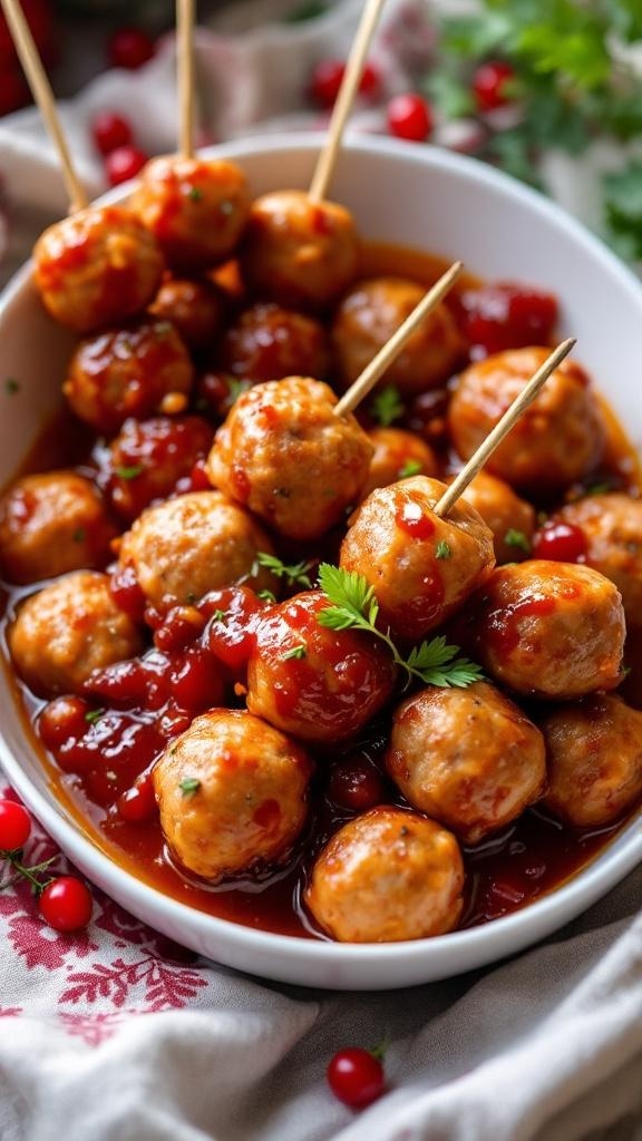 A bowl of holiday meatballs in sweet and spicy sauce with toothpicks for serving.