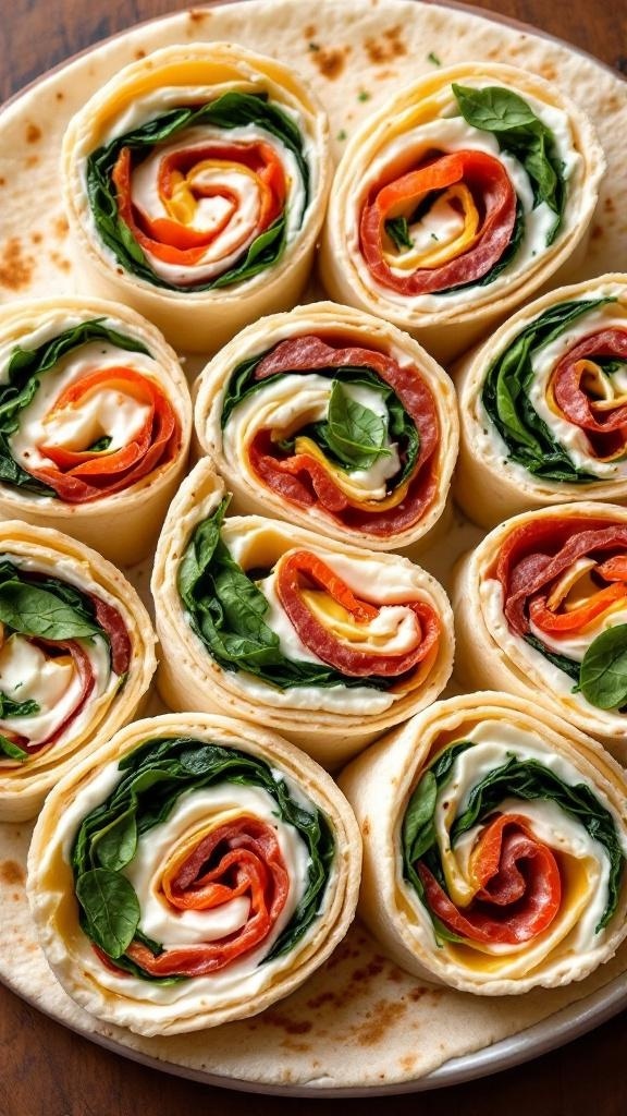 Colorful holiday pinwheels with red and green filling on a plate